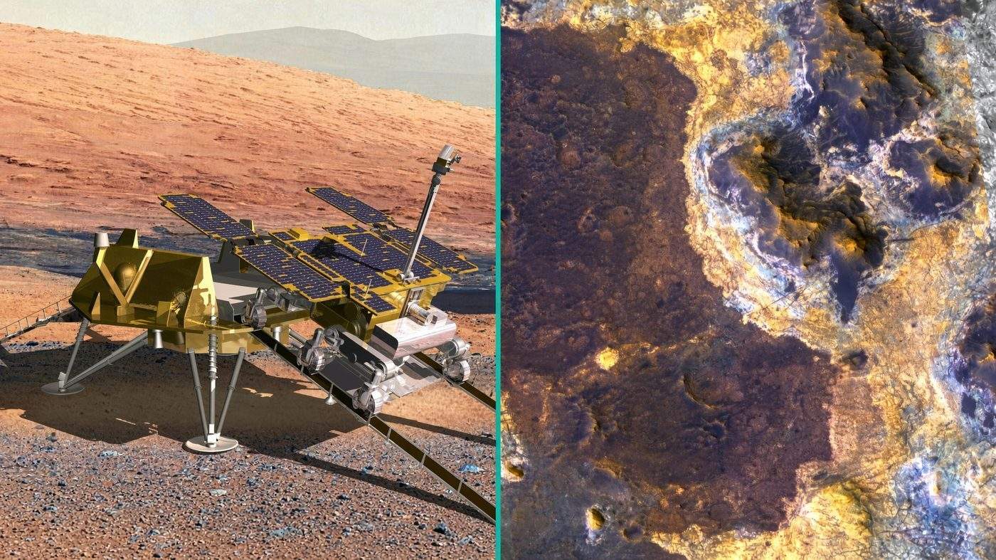Landing Platform and the Oxia Planum Clay Map European Mars landing platform beside an orbital map of Oxia Planum clay