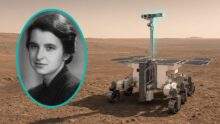 Rosalind Franklin in a teal oval beside the ExoMars rover on a clay plain