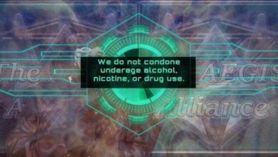 The image displays a digital graphic for the AEGIS Alliance, a vaping information resource, with a warning: "We do not condone underage alcohol, nicotine, or drug use." The background is a blurred, futuristic design.