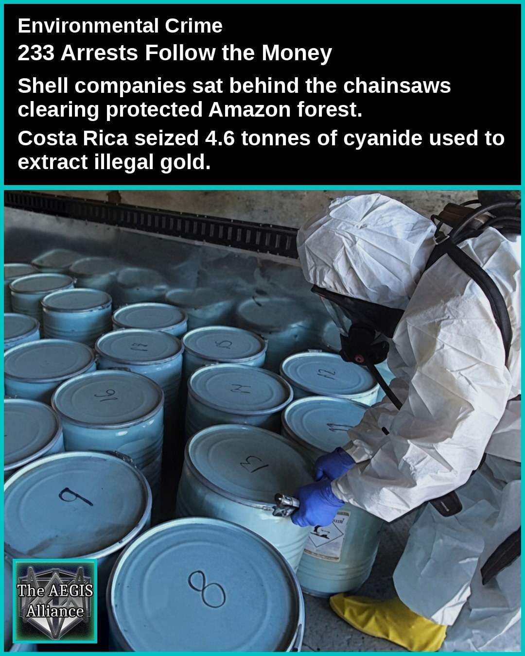 Social graphic over cyanide drums headlined 233 arrests follow the money, with shell companies and a Costa Rica seizure