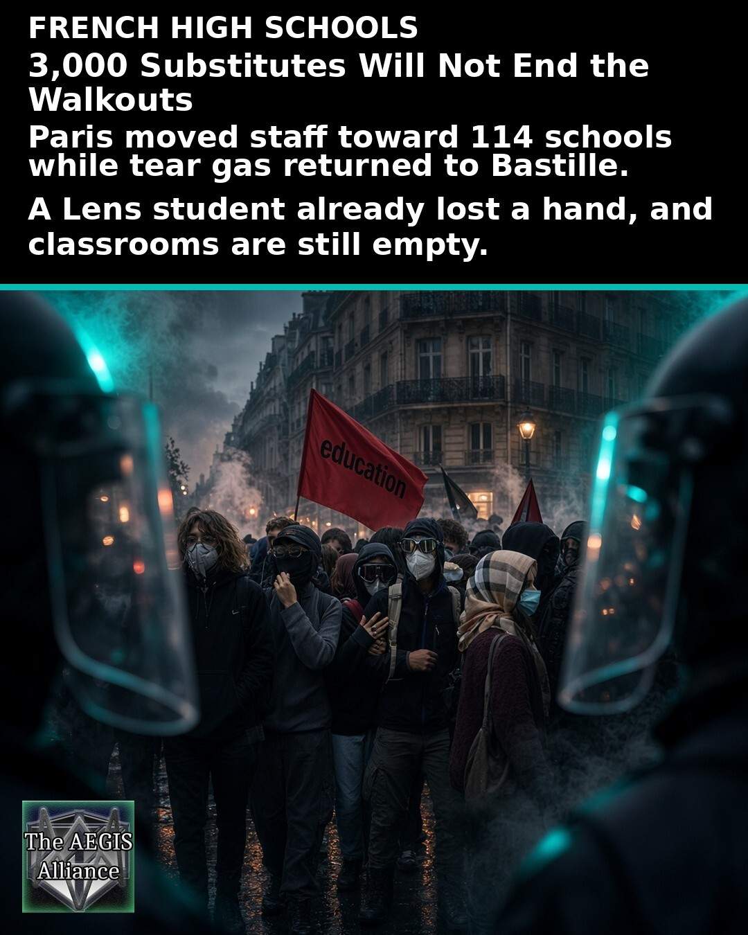 Social graphic of masked students and riot police in Paris with white text on black about 3000 substitute teachers and French high school protests