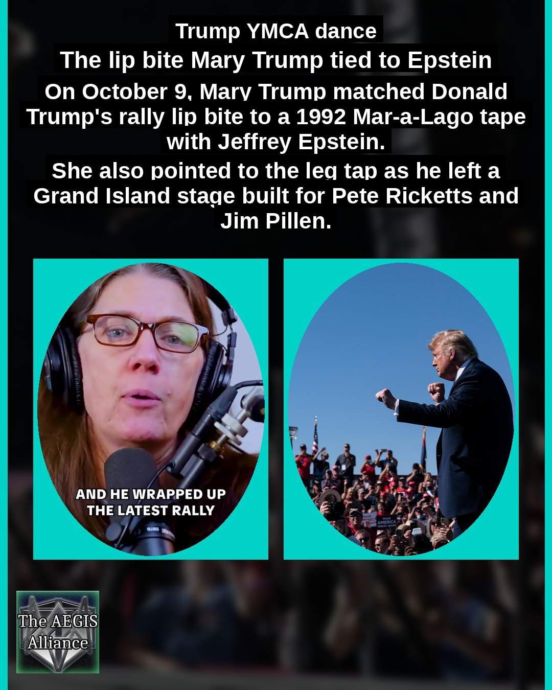 Social graphic saying Mary Trump matched Donald Trump's rally lip bite to a 1992 tape with Jeffrey Epstein