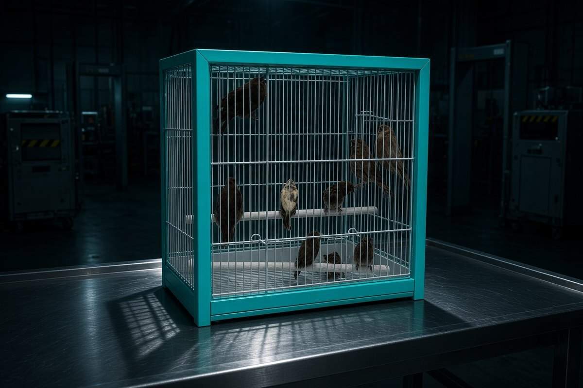Small songbirds in a wire cage on a steel table, framed in teal, in a dark airport inspection room