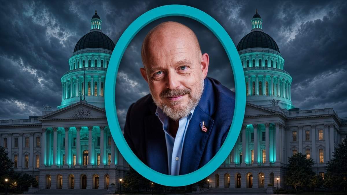 Steve Hilton in a teal oval frame against the California State Capitol at dusk