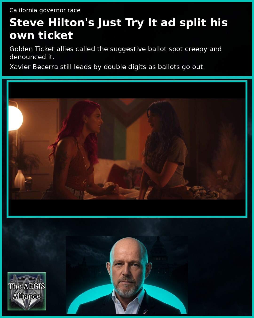 Social graphic with headline text at the top, a screenshot of Steve Hilton's Just Try It ad in the middle, and his full head visible in a smaller portrait at the bottom