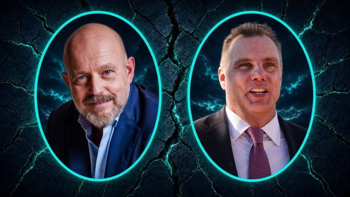 Steve Hilton and Michael Gates in matching teal oval frames against a dark fractured background