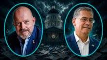 Steve Hilton and Xavier Becerra shown in bright teal oval frames against a stormy California capitol night scene