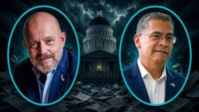 Steve Hilton and Xavier Becerra shown in bright teal oval frames against a stormy California capitol night scene