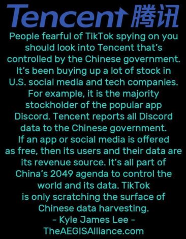 Text overlay on a black background discussing Tencent, a Chinese company, and its alleged data collection practices, including the claim that it reports Discord user data to the Chinese government. The text also mentions China's 2049 agenda.