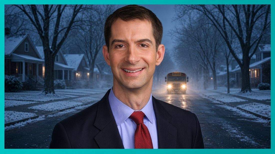 Tom Cotton and dark winter school mornings Tom Cotton in a teal frame over a dark winter street with a distant school bus