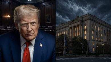 Split image of Donald Trump beside the Department of Justice building amid the Epstein files court fight