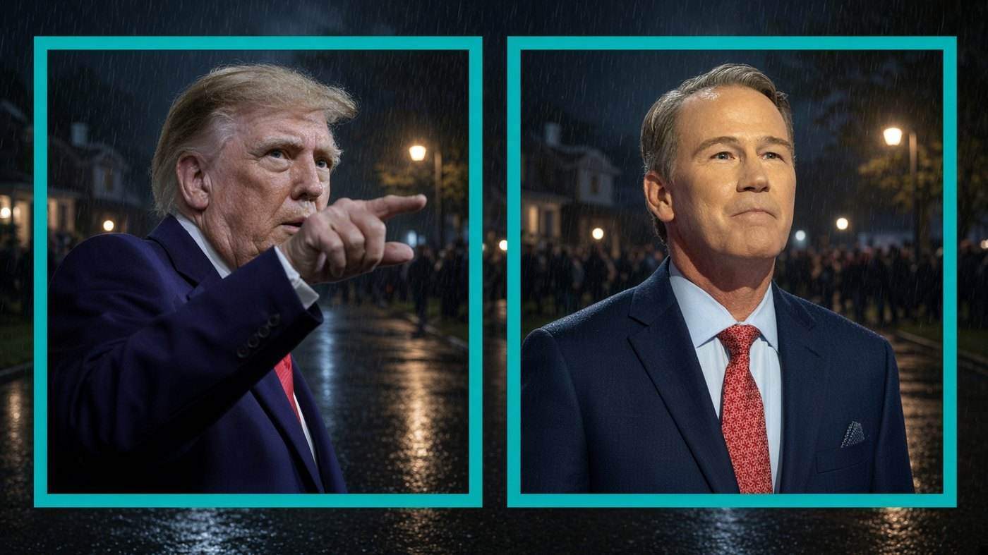 Donald Trump and Jon Husted in bright teal frames on a rainy night outside the Vandalia campaign rally