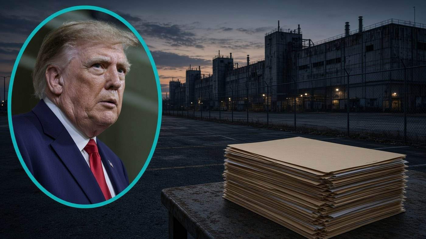 Donald Trump in a teal oval beside a shuttered Ohio truck factory and a stack of Epstein files folders