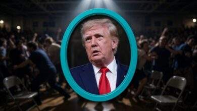 Donald Trump in a bright teal oval frame as a protester is removed during the Vandalia rally over the Epstein files