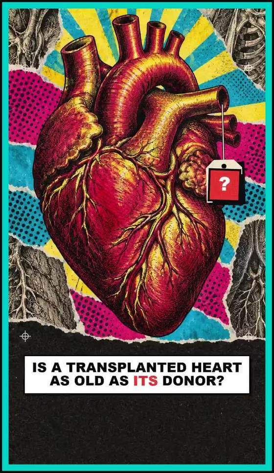 Illustrated heart inside a teal frame asking whether a transplanted heart is as old as its donor