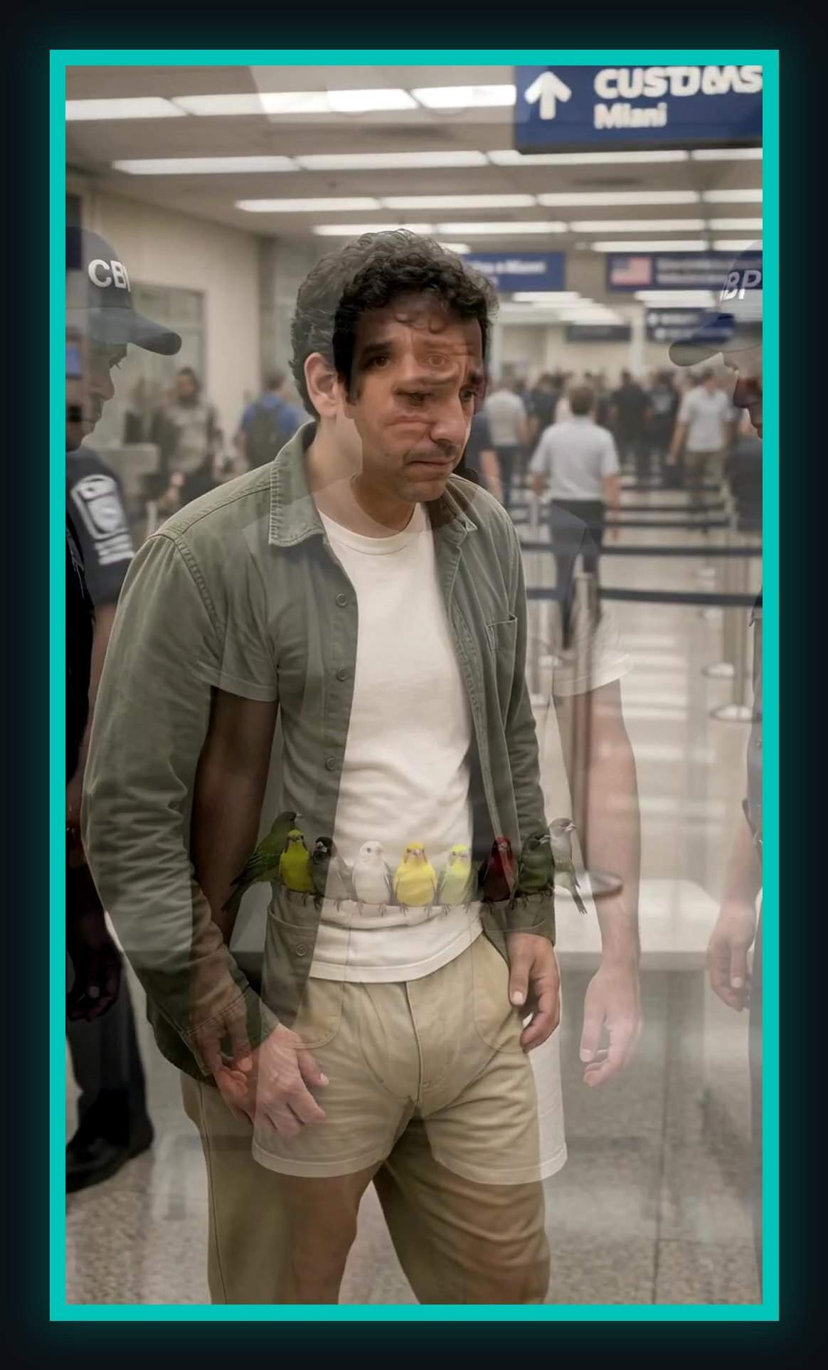 Screenshot of a social video frame showing the waistband concealment and a headline about birds in underwear