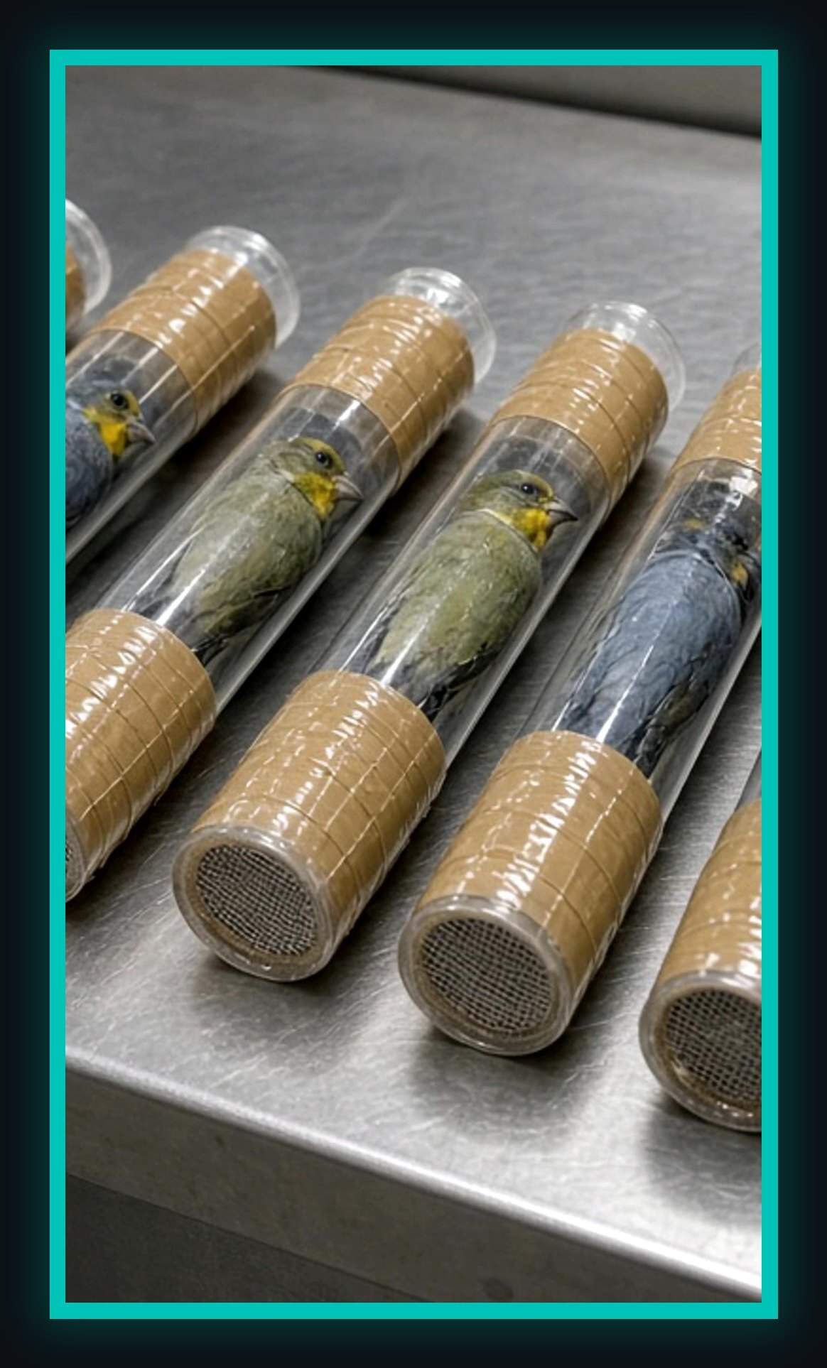 Screenshot of a social video frame showing birds in a cage and text about eleven finches seized at Miami