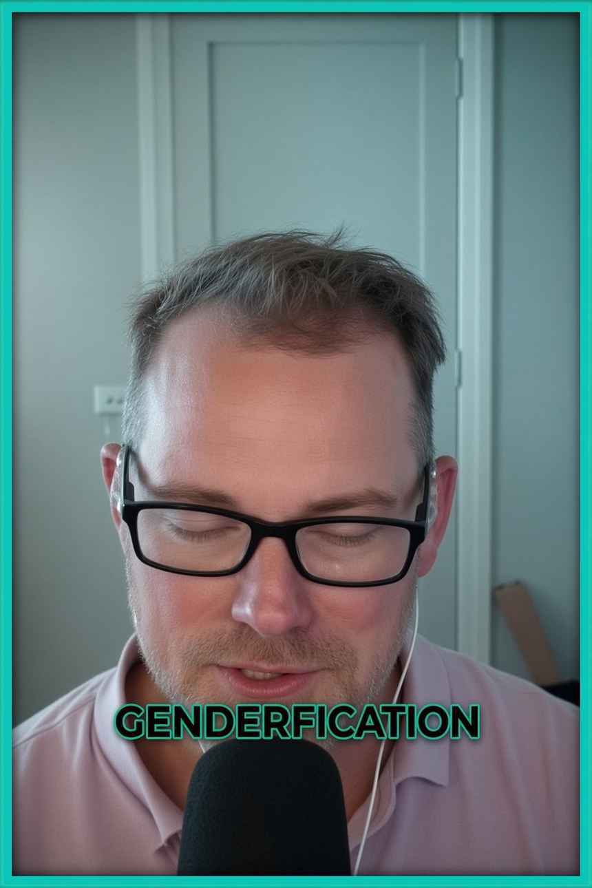 X video still on AI agent genderfication Edited still from an X video with the word genderfication inside a bright teal border