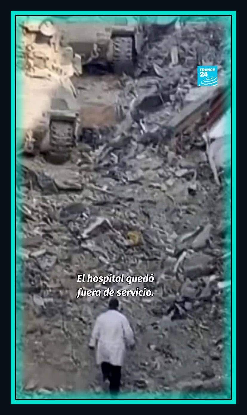 A person in a white coat walks through hospital rubble in Gaza under a caption saying the hospital was put out of service