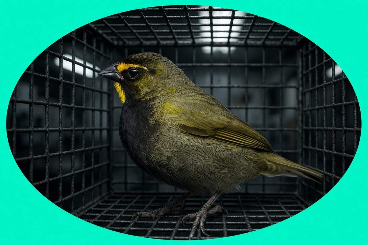 A yellow-faced grassquit with a yellow brow and throat inside a teal oval frame