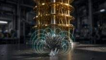 Silver needle-like crystal in front of a gold cryogenic apparatus with faint magnetic field lines in a dark laboratory