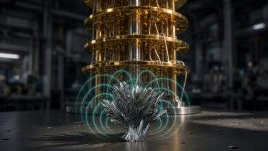 Silver needle-like crystal in front of a gold cryogenic apparatus with faint magnetic field lines in a dark laboratory
