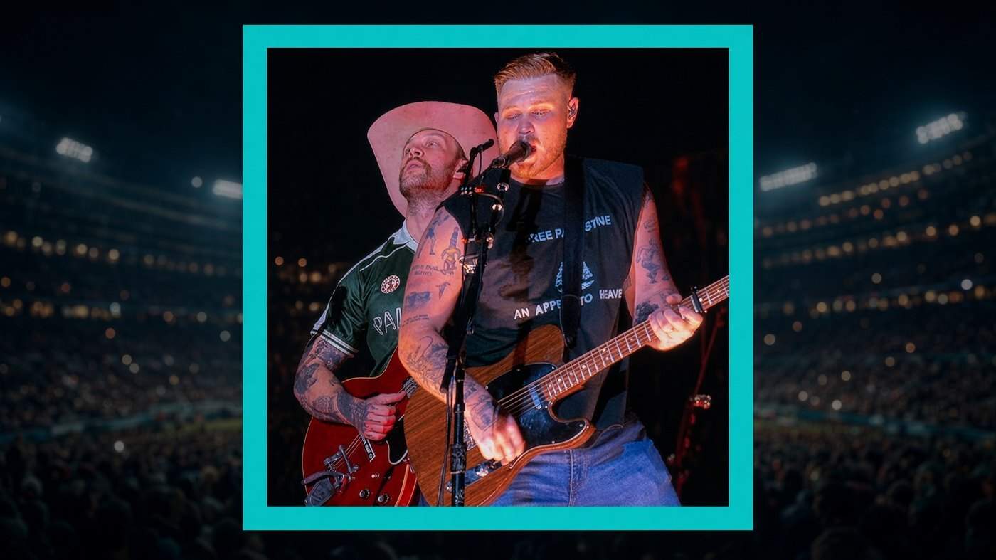 Zach Bryan in a Free Palestine sleeveless shirt beside guitarist Noah Le Gros in a green Palestine jersey