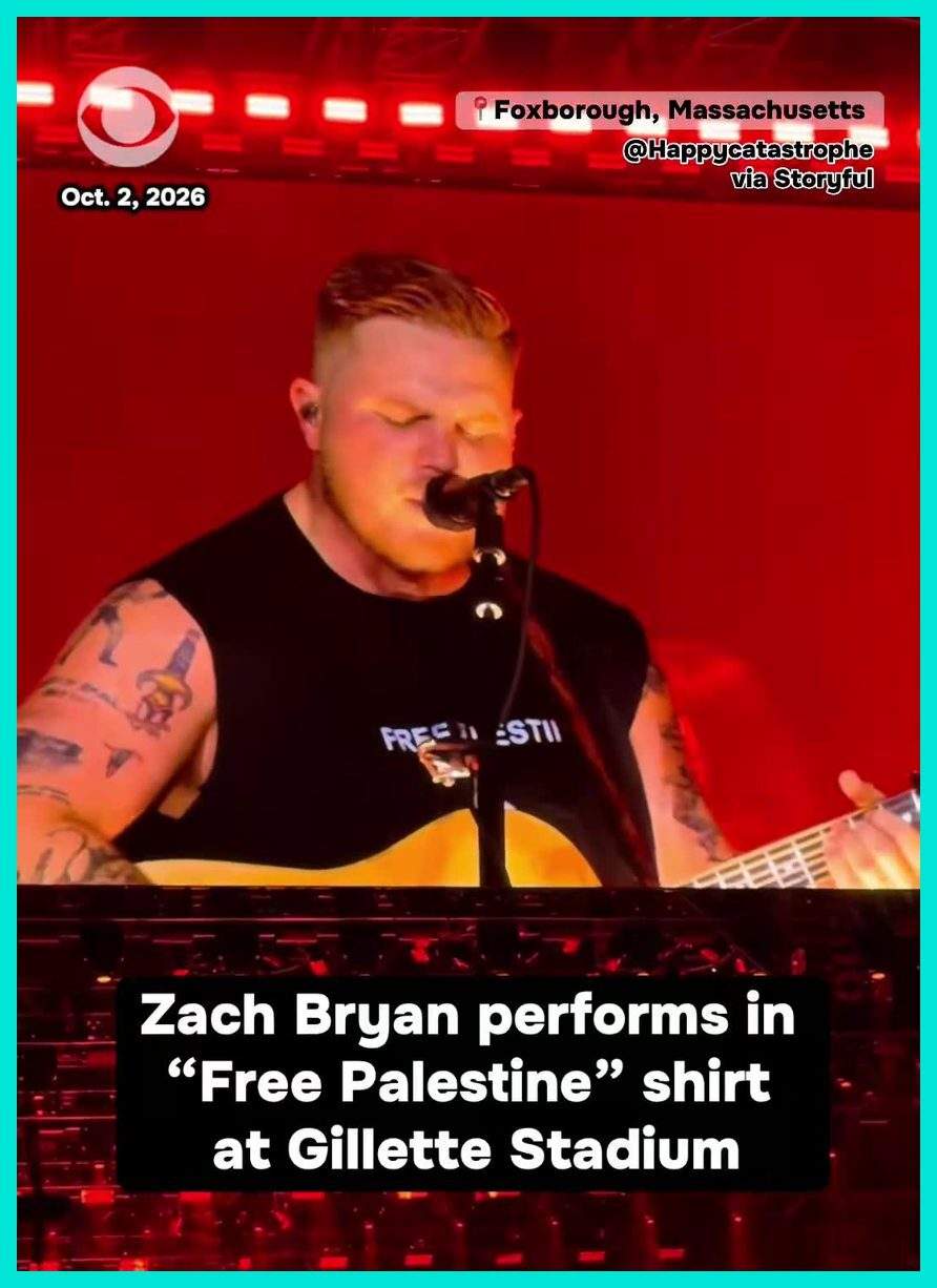 X video screenshot of Zach Bryan in a Free Palestine shirt at Gillette Stadium Screenshot from an X video with the caption that Zach Bryan wears a Free Palestine shirt at Robert Kraft's Gillette Stadium