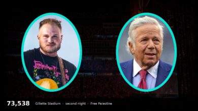 Zach Bryan and Robert Kraft in teal oval frames over the Gillette Stadium crowd from the night Bryan set the attendance record in a Free Palestine shirt