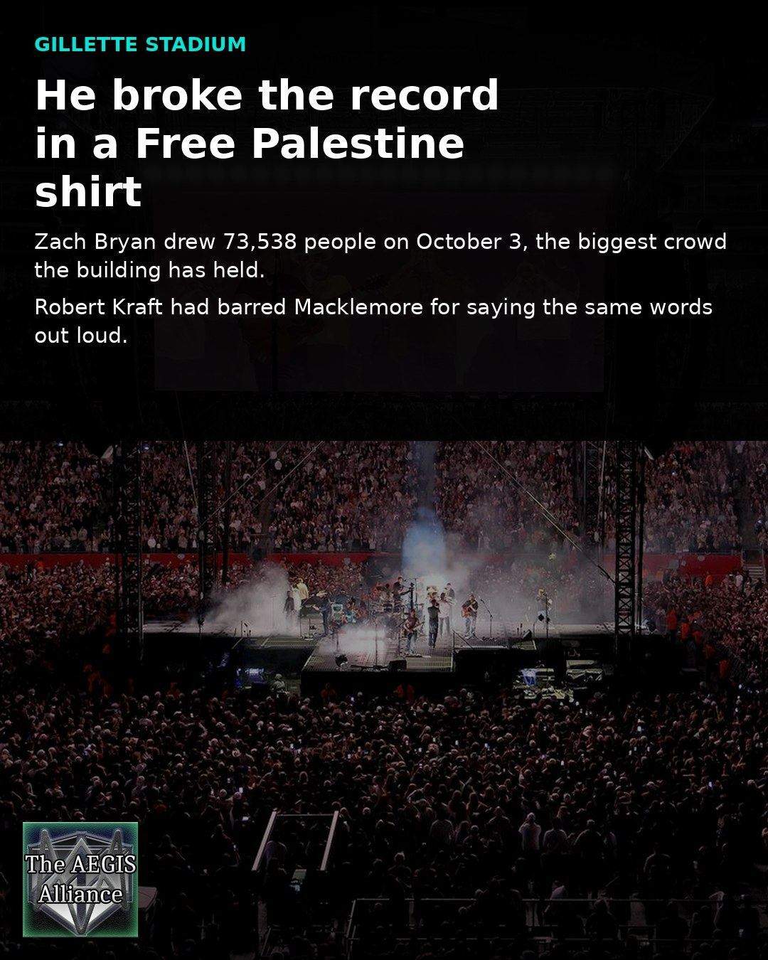 Social card for Zach Bryan's Gillette Stadium attendance record Social image of the Gillette Stadium stage with text about Zach Bryan breaking the attendance record in a Free Palestine shirt