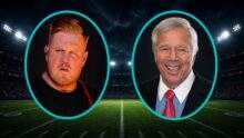 Zach Bryan and Robert Kraft shown in bright teal oval frames against a nighttime stadium