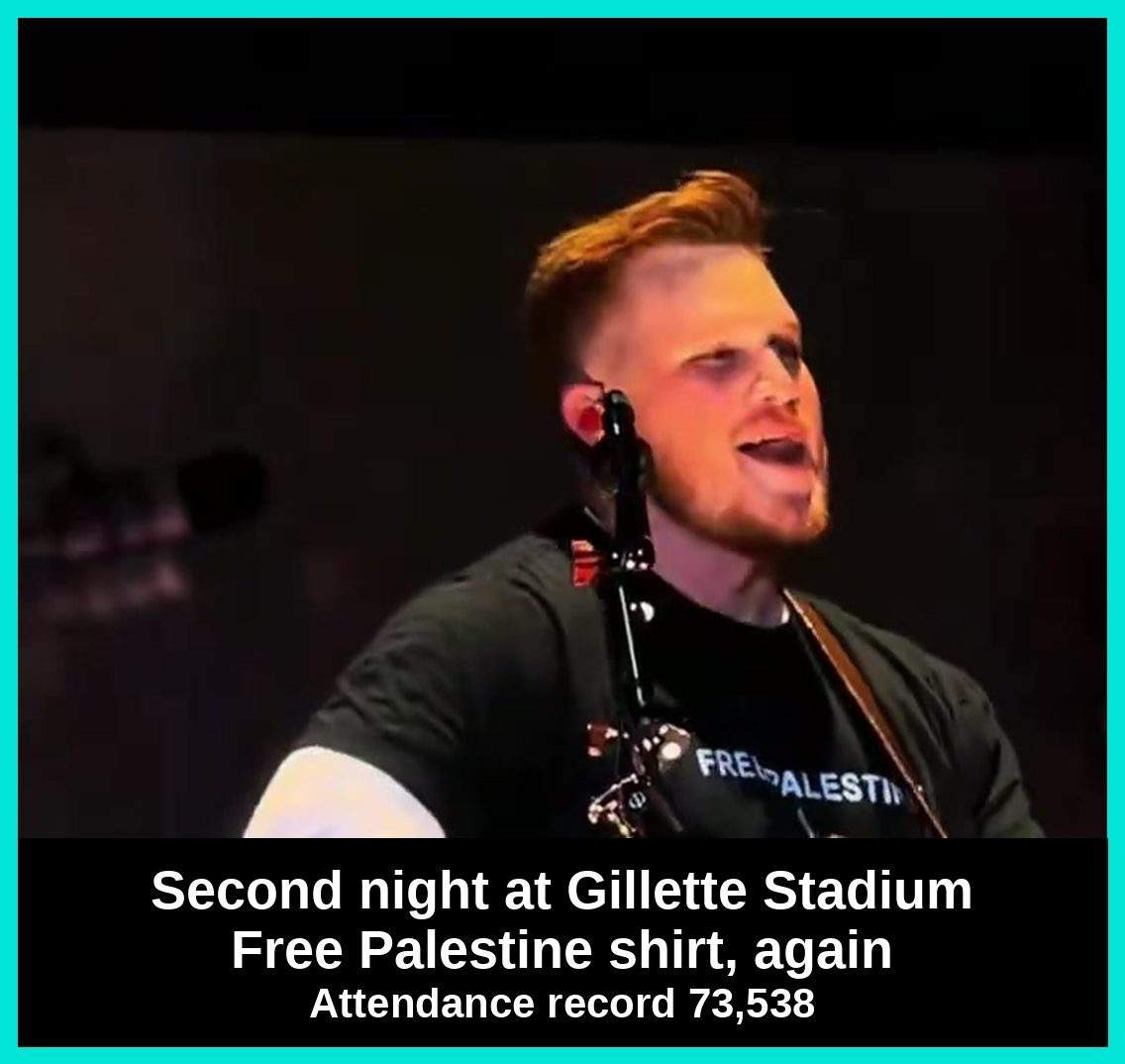 X video screenshot of the second night Free Palestine shirt and the attendance record Screenshot from an X video of Zach Bryan in a Free Palestine shirt on night two with the Gillette Stadium attendance record of 73538